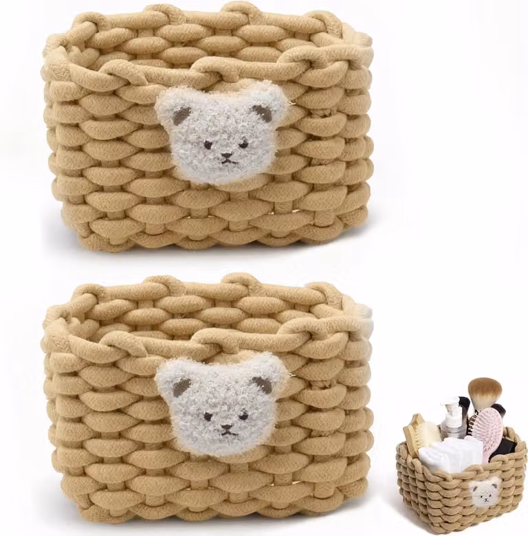 SnelShoppen Set van 2 Gevlochten Katoenen Opbergmanden, Kleine Vierkante Stapelbare Manden voor Babykamer of Badkamer, Bruin