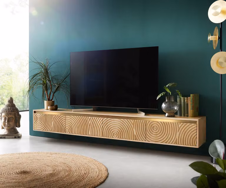 DELIFE Budaya Tv-meubel Mango Natuur 4 deurs Zwevend Breedte: 220 cm, Diepte: 35 cm, Hoogte: 28 cm