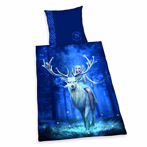 Herding Anne Stokes beddengoedset blauw, katoen renforcé, dekbedovertrek 135 x 200 cm en kussensloop 80 x 80 cm