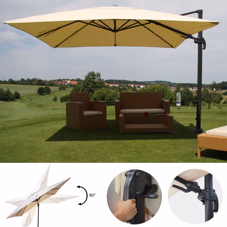 Mendler Gastronomie-scherm met pergola model HWC-A96, draaibaar, crème, B: 3 x D: 4 m (diameter 5 m)