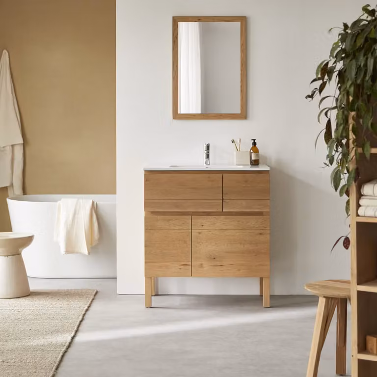 Tikamoon Easy badkamermeubel van massief eikenhout en keramiek, Bruin, Breedte: 80 cm