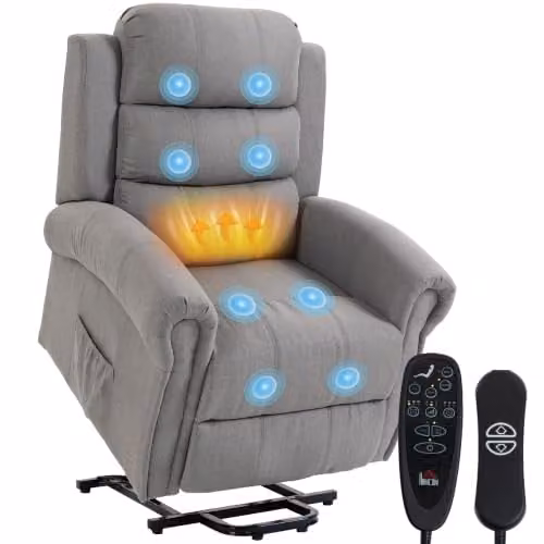 HOMCOM Elektrische tv-recliner met hefondersteuning en trillingsmassage, lichtgrijs, linnenlook