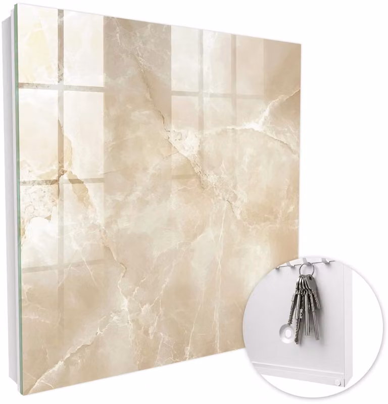 Coloray Sleutelbox met 50 haken - Beige Marmer - B/D/H: 30 x 30 x 5 cm - Linksopenend