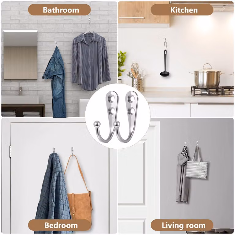 Set van 5 stevige wandhaken en kledingkast haken in zilver voor de slaapkamer, badkamer of inloopkast inclusief schroeven