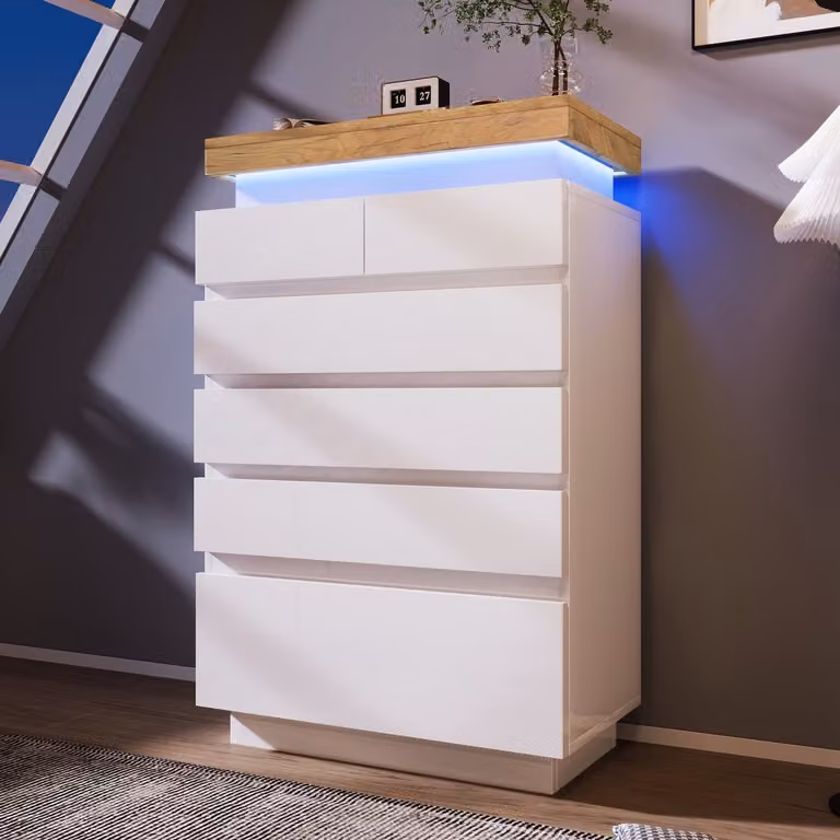 Wit Sideboard met 6 Laden en LED-verlichting - B/D/H: 115 x 39 x 73 cm