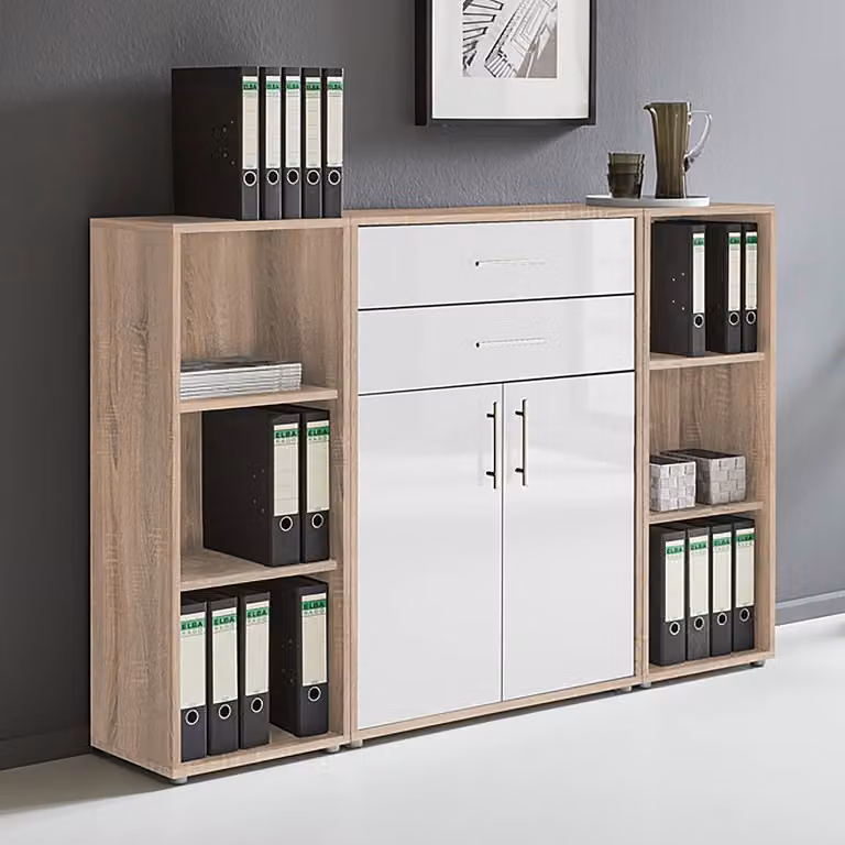 home24 Kastenset 3-delig Set A, Bruin/Sonoma Eiken en Hoogglans Wit, B/D/H: 114 x 33 x 85 cm