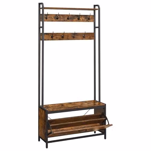 VASAGLE Garderobe met schoenenkast en 9 haken, Bruin/Zwart, B/D/H: 85 x 30 x 180 cm