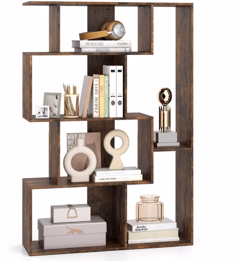 SureDeal Boekenkast Open Geometrisch Boekenrek met Kantelbeveiliging - Koffiebruin - B: 80 cm, D: 30 cm, H: 119 cm