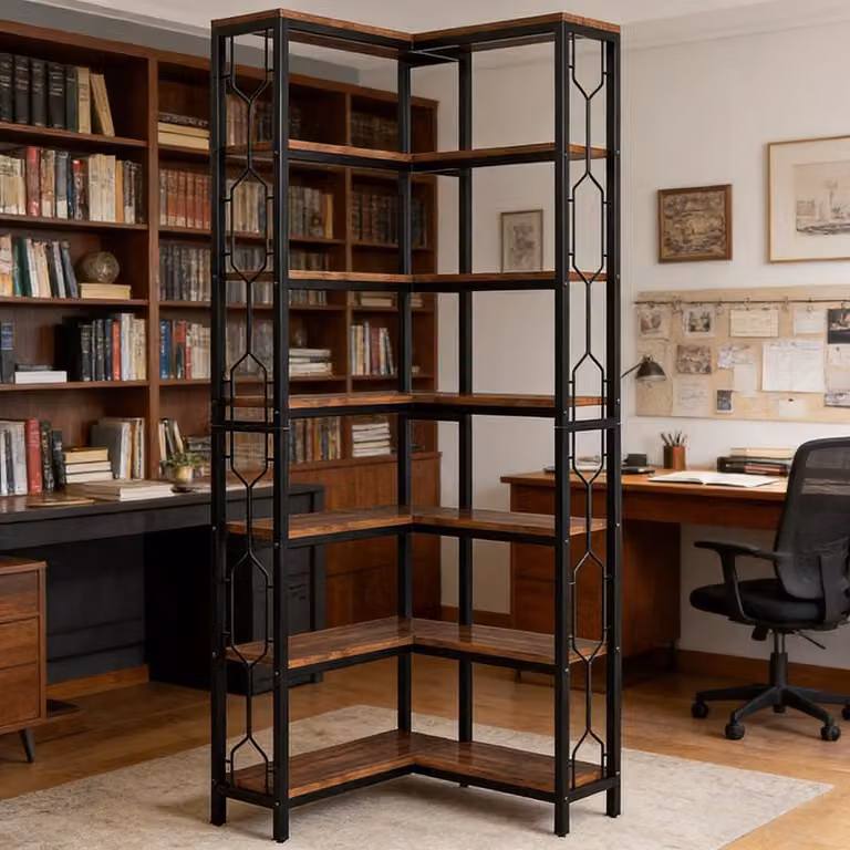 Wishdor Hoekboekenkast - Industrieel - 7-laags - Zwart bruin - B/D/H: 60 x 60 x 200 cm