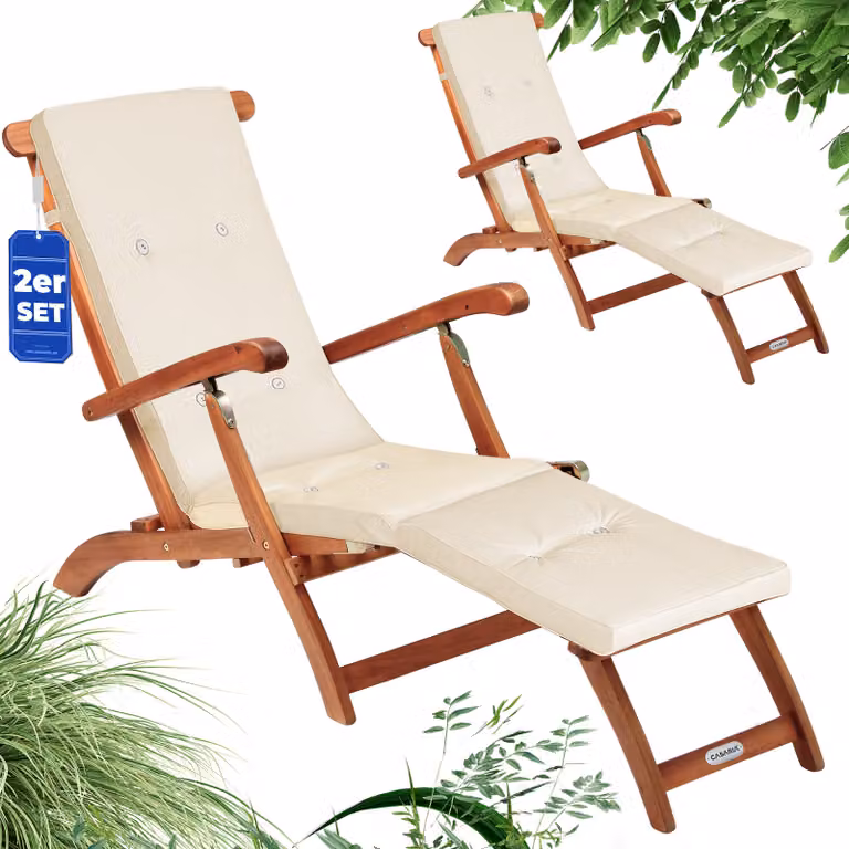 Casaria 2x inklapbaar ligbed met houten acaciaframe en verstelbare rugleuning, crème, 169 x 54 cm