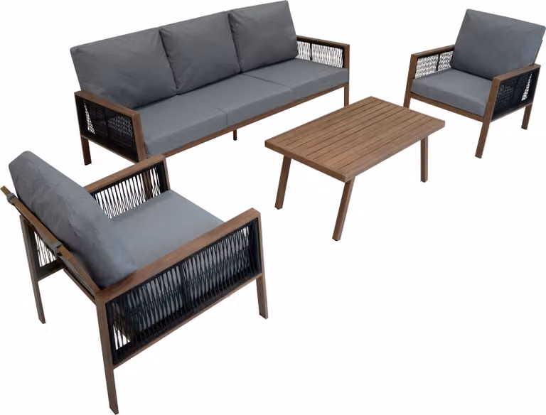 Monster Shop Aluminium Lounge Set met Tweezitter, Twee Fauteuils en Zwarte Rotan Opbergbox in Houtlook