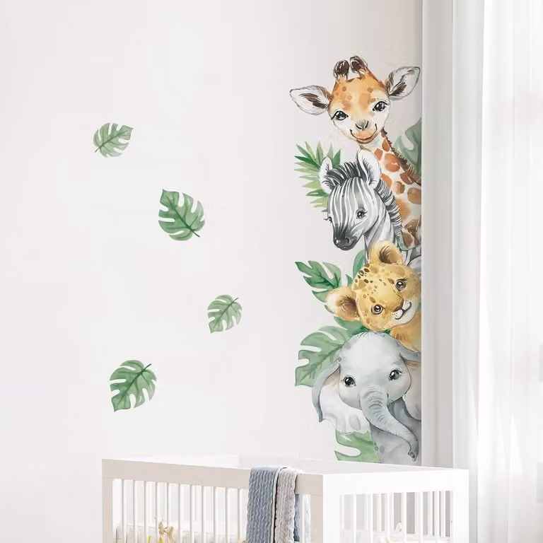Jungle Dierenthema Muurstickers voor Kinderen - Giraffe, Zebra en Olifant met Groene Bladeren - Wanddecoratie voor Kinderkamer, Speelkamer en Peuterklas