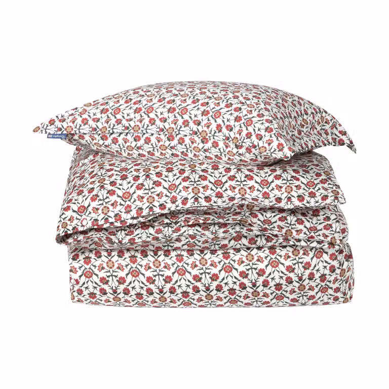 Lexington Dekbedovertrekset Flower Printed Cotton Sateen, Wit-rood-groen-beige, 1 st 220x220 cm en 2 st 50x70 cm