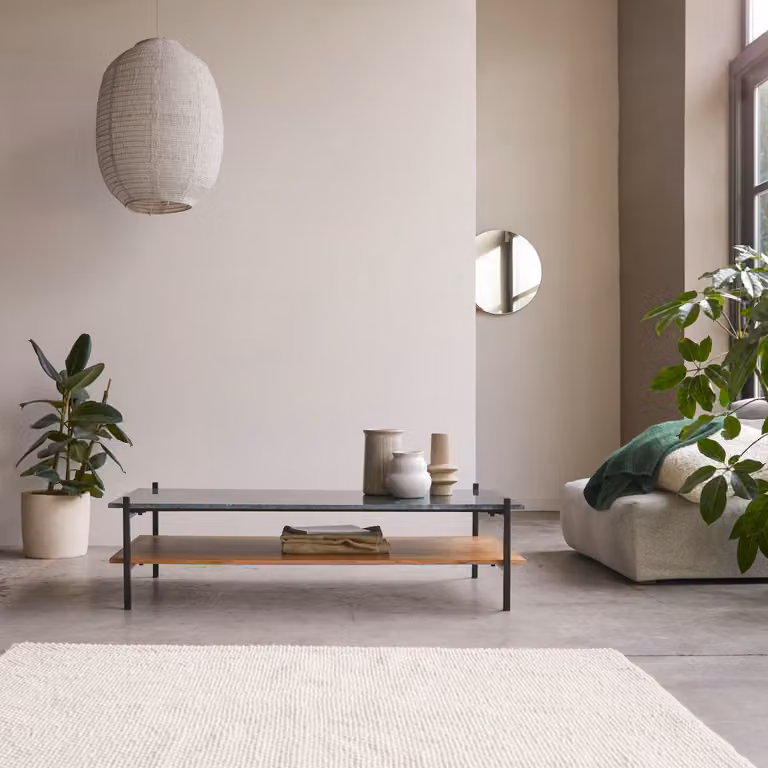 Tikamoon Salontafel van massief acacia en marmer - Rectangular - Grijs/Groen - B/D/H: 130 x 65 x 35 cm