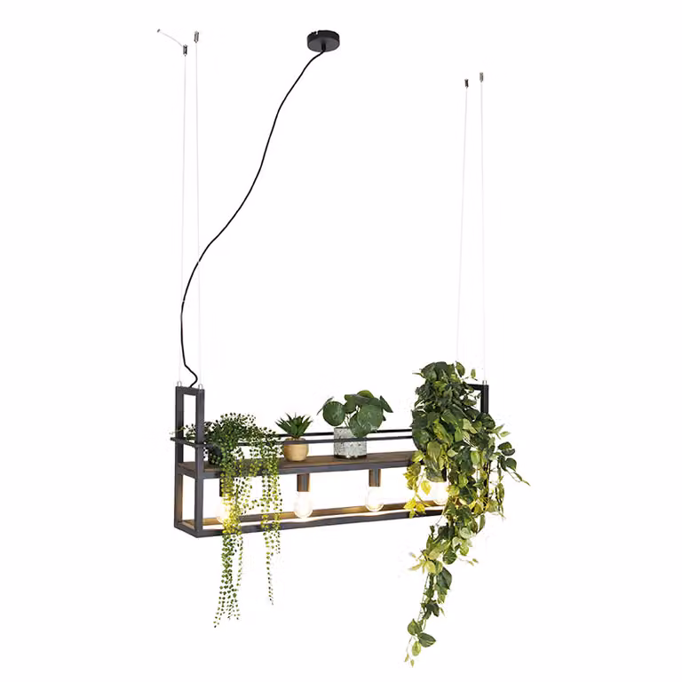 Qazqa Smart hanglamp zwart en bruin met hout en rek, 4-lichts, dimbaar en verstelbaar met wifi