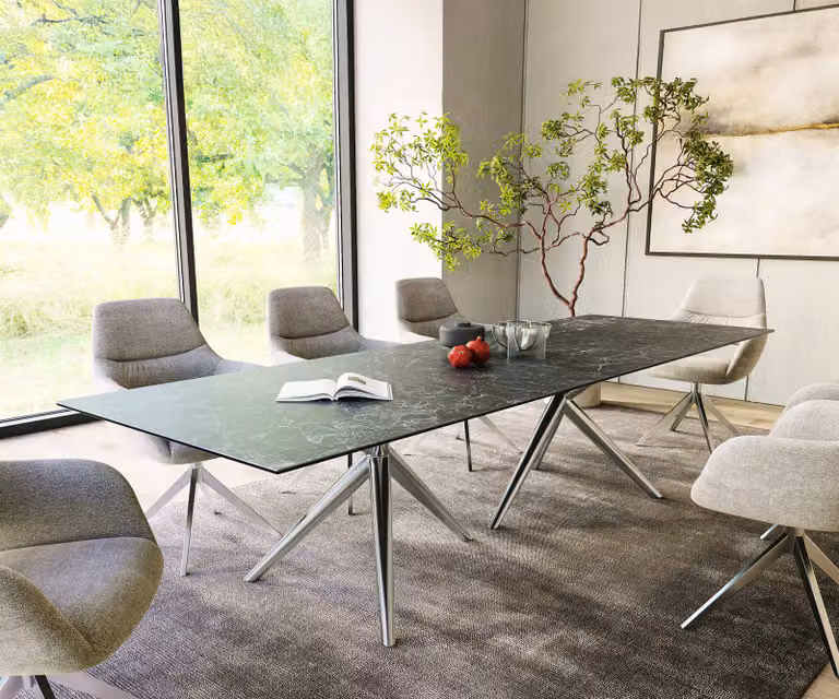 DELIFE Edge Eetkamertafel met keramisch blad en roestvrij stalen onderstel, Grijs/Zilver, B: 300 cm, D: 100 cm