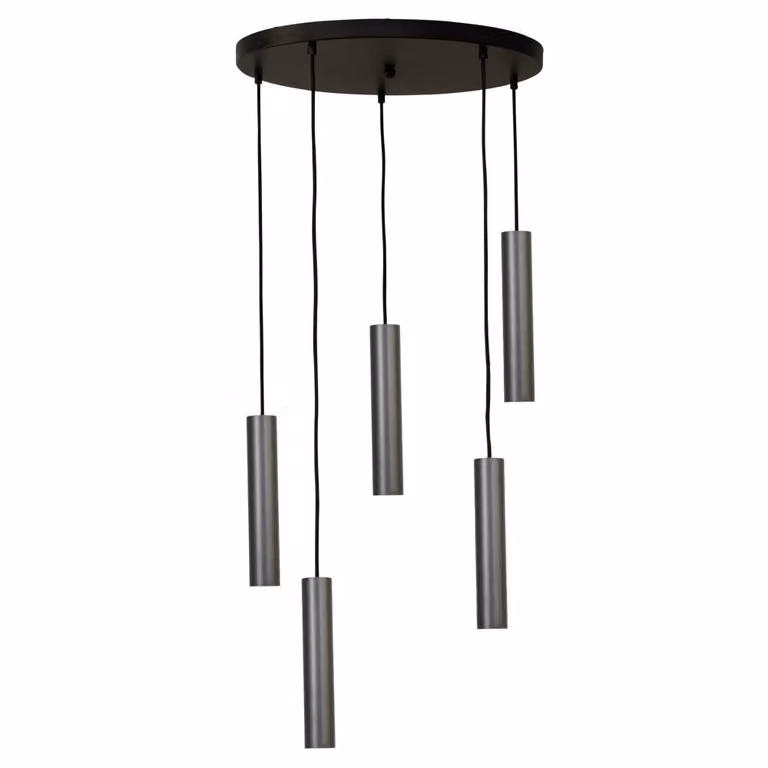 Masterlight Run hanglamp met 5 zwarte metalen cilinders in gunmetal stijl