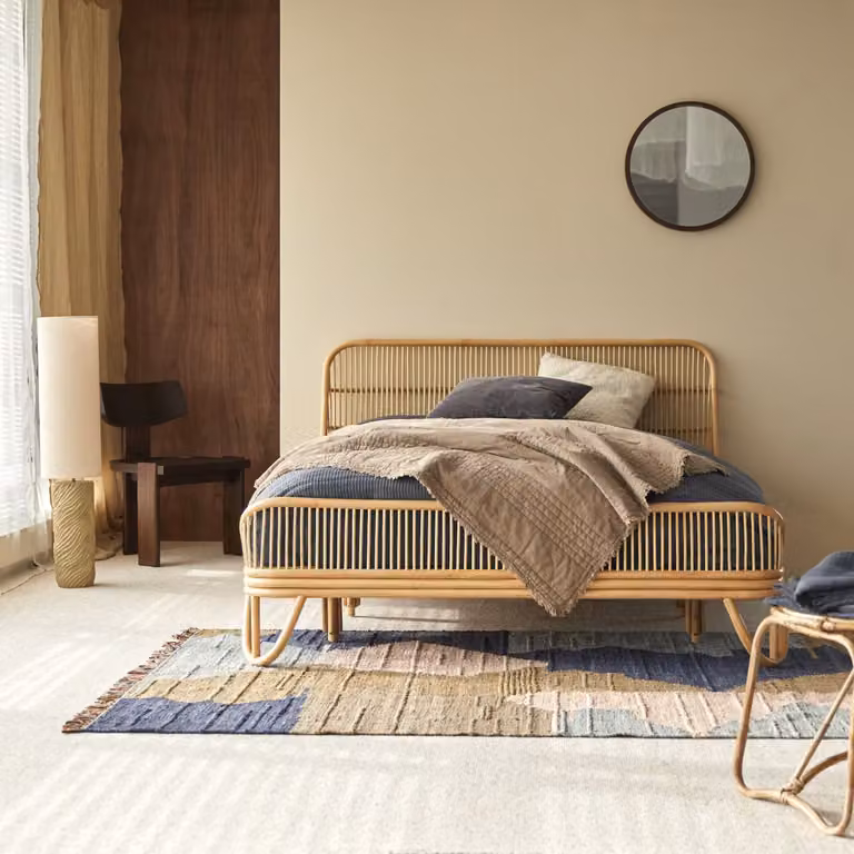 Tikamoon Rotan bed met lattenbodem, Beige, B/D/H: 160 x 200 x 101 cm