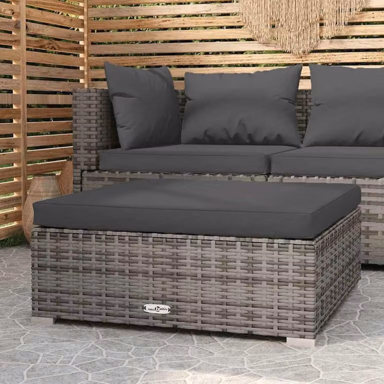 Grijs Poly Rattan Tuinvoetenbank met Kussen, H: 30 cm, B: 70 cm, D: 70 cm