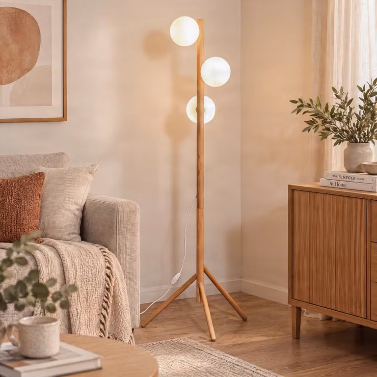 TK Lighting Vloerlamp Estera Scandinavisch Design in Hout en Wit met Glazen Elementen