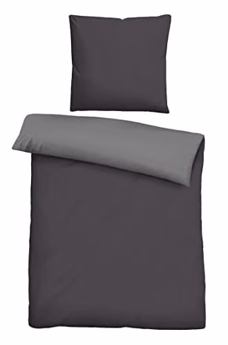 Biberna Beddengoedset Linon van Katoen met Dekbedovertrek en Kussensloop, Antraciet/Zwart, B/D/H: 135 x 200 cm + 80 x 80 cm