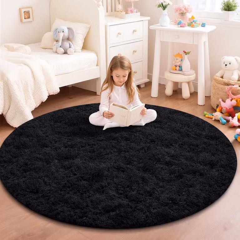 Rond Vloerkleed voor Kinderkamer en Woonkamer - Zwart - Polyester - Diameter: 120 cm