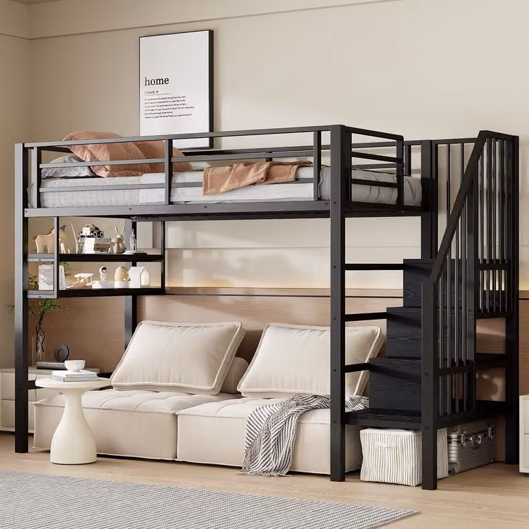 Wishdor Hoogslaper voor de kinderkamer met opbergtrap en boekenplanken, Zwart, 90 x 200 cm