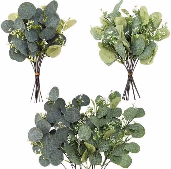 Unyqoos Set van 24 kunststof eucalyptus takken voor realistische groene decoratie