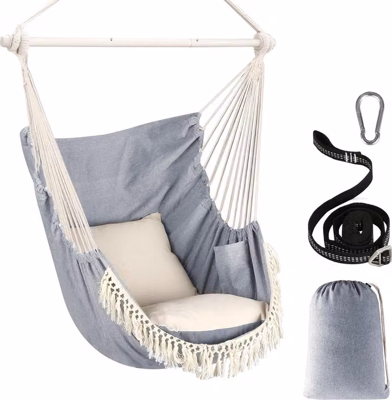 Hangstoel in macramé bohostijl met kussens en metalen frame, wit/grijs, geschikt voor binnen en buiten