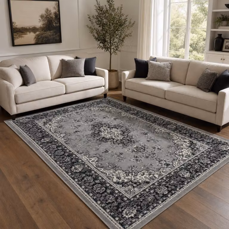 Muratap Klassiek Vintage Oosters Vloerkleed Medaillon Grijs Zilver B/D: 80 x 150 cm