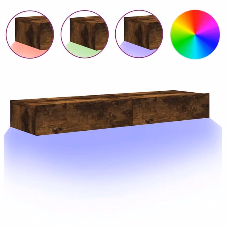 DKD HOME DECOR Set van 2 moderne TV-meubels met LED-verlichting, gerookt eikenhout, B: 60 cm, D: 35 cm, H: 15,5 cm