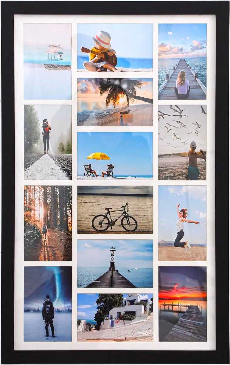 Houten Fotolijst Collage Display voor 14 Foto's - Massief Hout - Rustiek Zwart