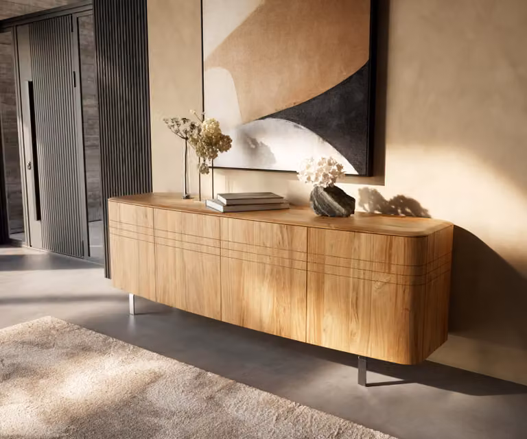 Dressoir Nagaru 200 cm Acaciahout Aura met 4 deuren en roestvrij stalen L-poten