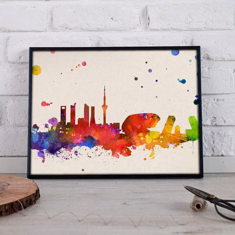 Kleurrijke wanddecoratie print met stadsgezicht in aquarelstijl, A3 poster voor in de woonkamer