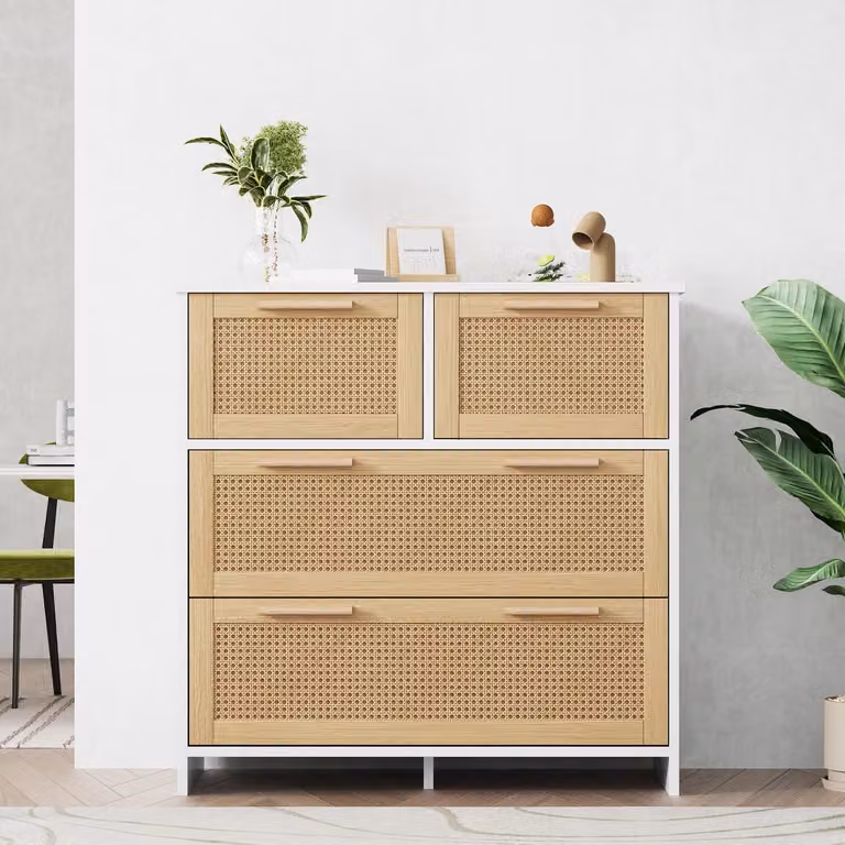 Clruro Dressoir met 4 Lades in Hout en Rattan, Naturel - B/D/H: 80 x 38 x 80 cm