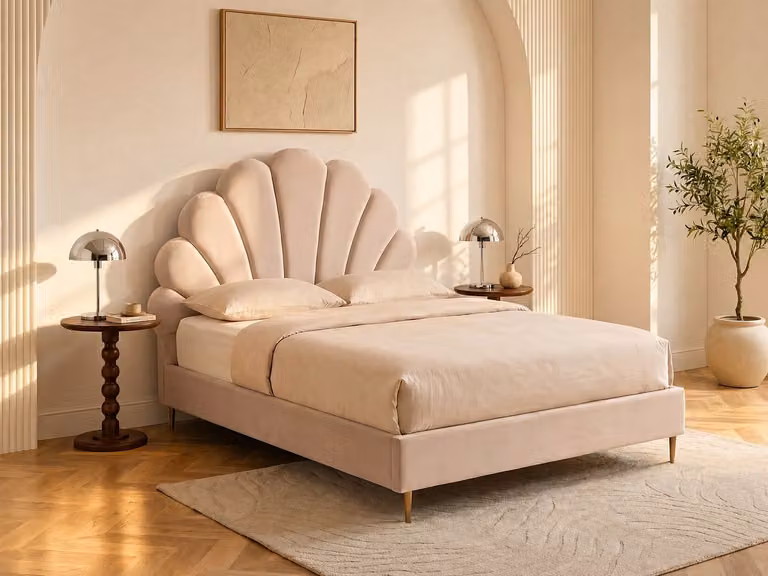 LIVAYA Bed met schelpvorm in beige fluweel inclusief matras, 160 x 200 cm