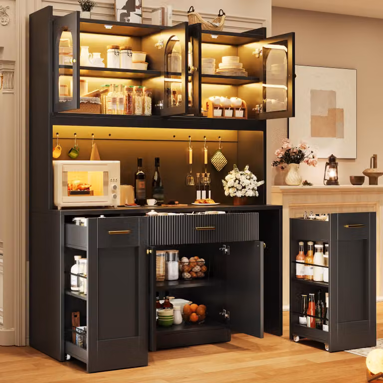 OKWISH Keukenmeubel met LED-verlichting en glazen vitrine, zwart