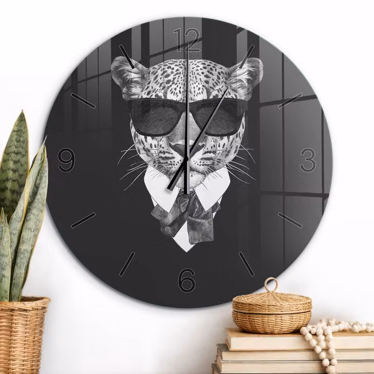 ArtPrintCave Zwarte Glazen Wandklok met Luipaard Design - Ronde Analoge Muurklok - Diameter: 60 cm