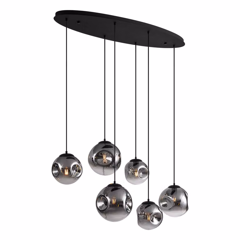 Qazqa Art Deco hanglamp zwart met ovale plafondplaat en grijs rookglas