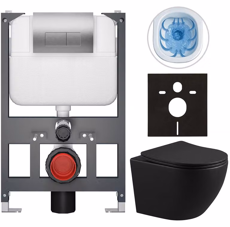 CERANO Toiletset met vloerplaat en hangend toilet, donkergroen mat, bedieningsknop Prime/Modulo zilverkleurig, laag model, voor wandmontage, 49 x 36 cm
