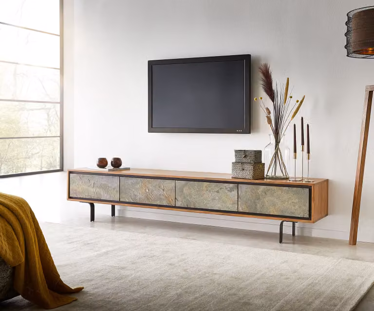 DELIFE Juwelo TV-meubel in acacia, steenfineer en metaal, zwart/bruin, B: 200 cm, D: 40 cm, H: 35 cm