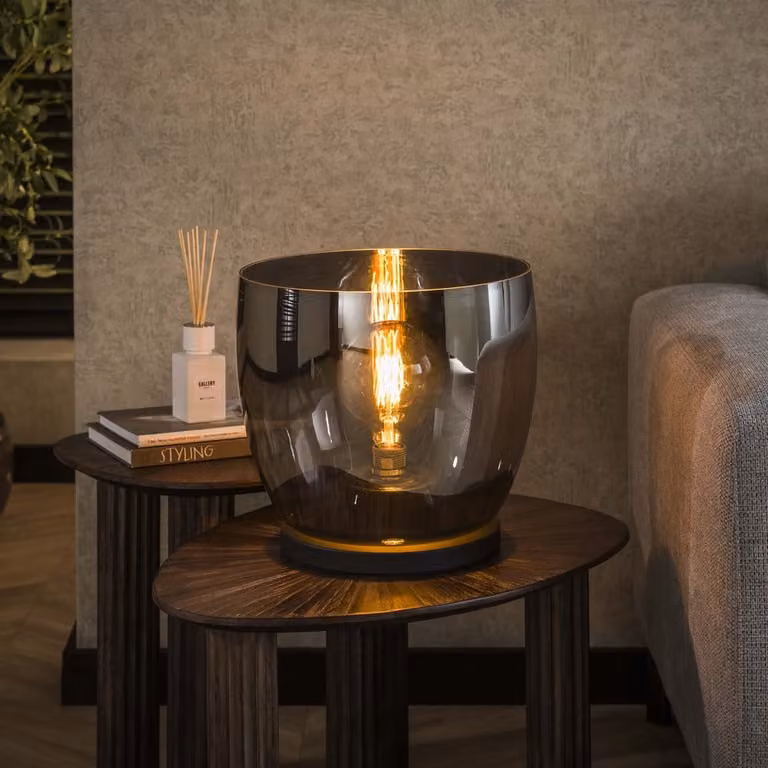 Lyora Vloerlamp met grijs rookglas en aluminium - Ø 33 cm, Hoogte: 32 cm