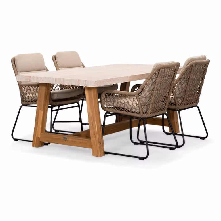 Velora/Valencia Sahara Dust eettafelset voor 4 personen in travertin en touw, 200 cm