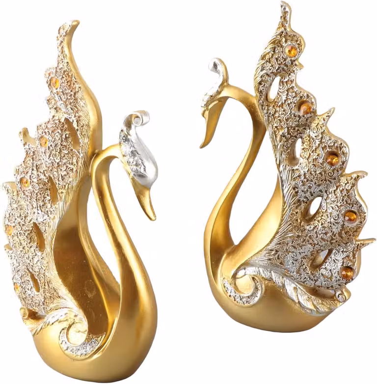 Set van 2 Gouden Zwanen Sculpturen - Decoratieve Beeldjes voor in de Woonkamer of Wijnkast