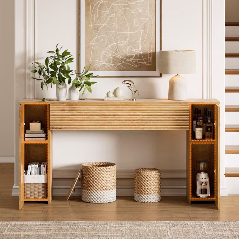 FABATO Gegolfde console tafel in houtlook met 2 verborgen opbergvakken, Breedte: 155 cm