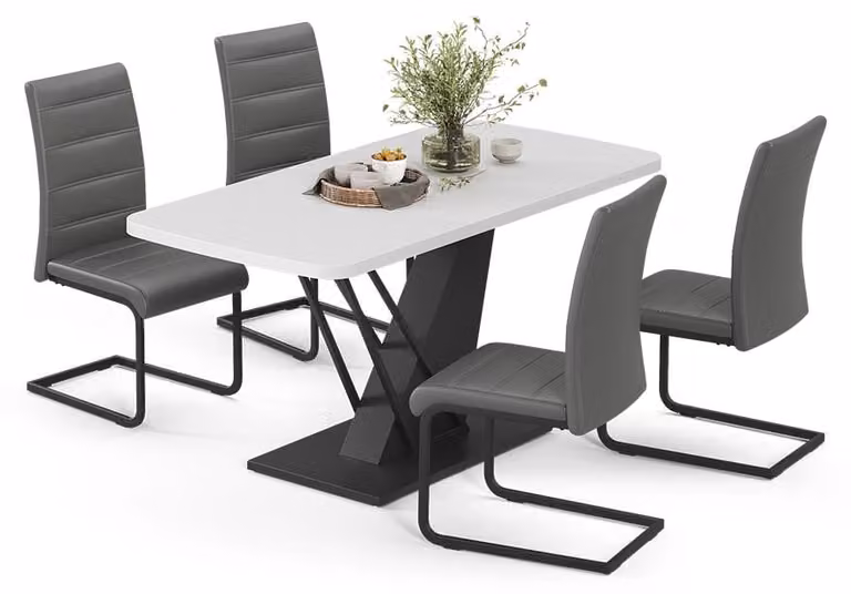 Vicco Fenaro Eettafelset Wit/Zwart met 4 grijze eetkamerstoelen, B/D/H: 120 x 80 x 76 cm
