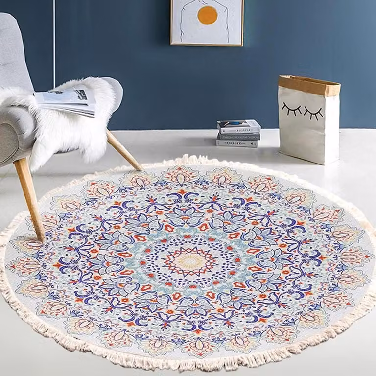 Rond Mandala Vloerkleed - Handgeweven Katoen - Boho Woonkamer Decoratie - Diameter: 80 cm