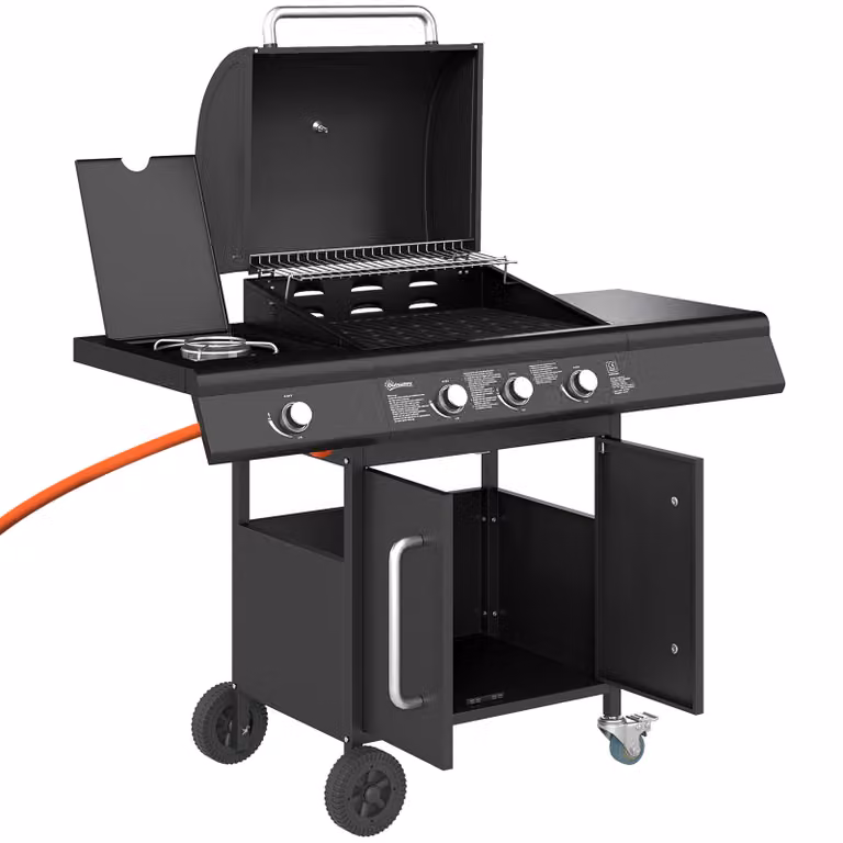 Outsunny Mobiele Gasbarbecue met Zijtafel, Zijbrander en Opbergruimte, Zwart, Roestvrij Staal