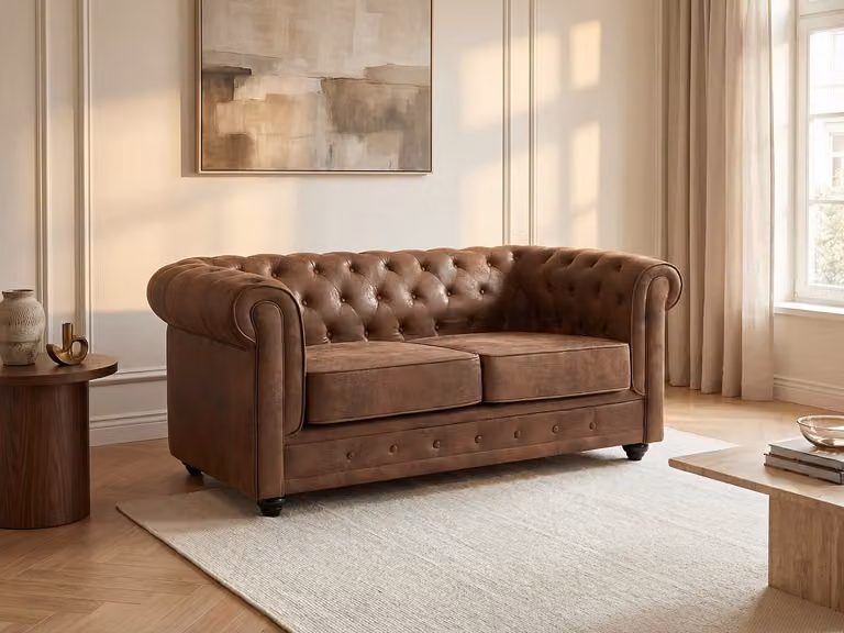 Vente-unique Tweezitsbank Chesterfield van microvezel met vintage look in bruin, B/D/H: 165 x 72 x 88 cm