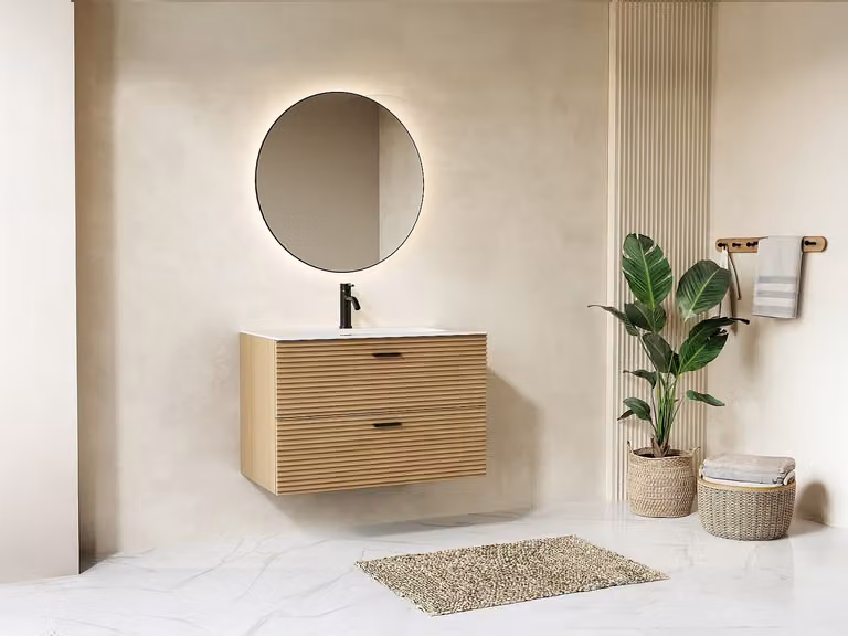 SARONE Zwevend badkamermeubel met inbouwwastafel en 2 laden, naturel gestreept, Breedte: 80 cm, Diepte: 46 cm, Hoogte: 55 cm